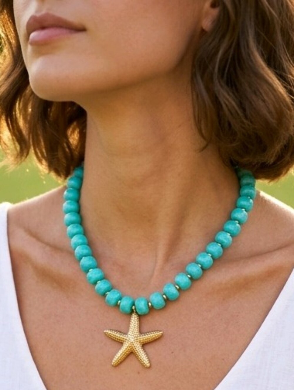 Mayamar Aqua Beaded Necklace with Gold Starfish Pendant & Gift Bag